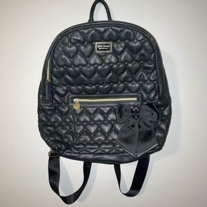 Black Betsy Johnson Heart Patterned Leather Backpack With Bow